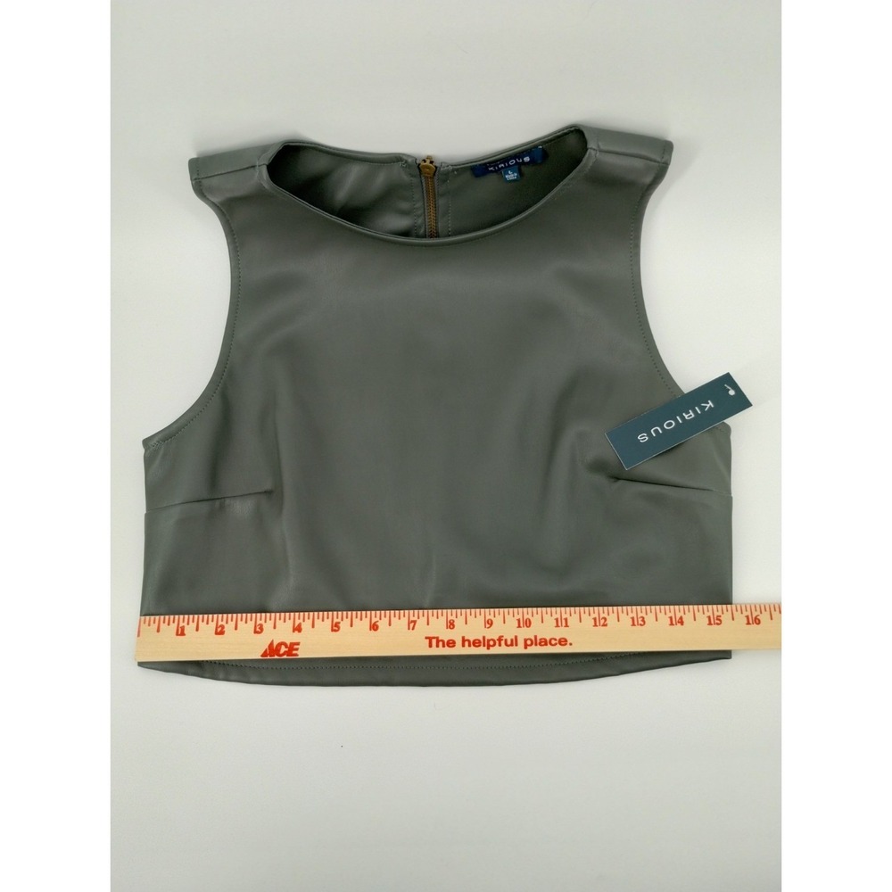 NWT Kirious Womens Faux Leather Crop Top Olive Green Sleeveless Back Zip Large - Picture 6 of 8